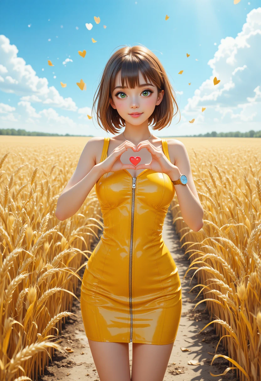 Lächelndes Anime-Mädchen im gelben Kleid auf sonnigem Weizenfeld
