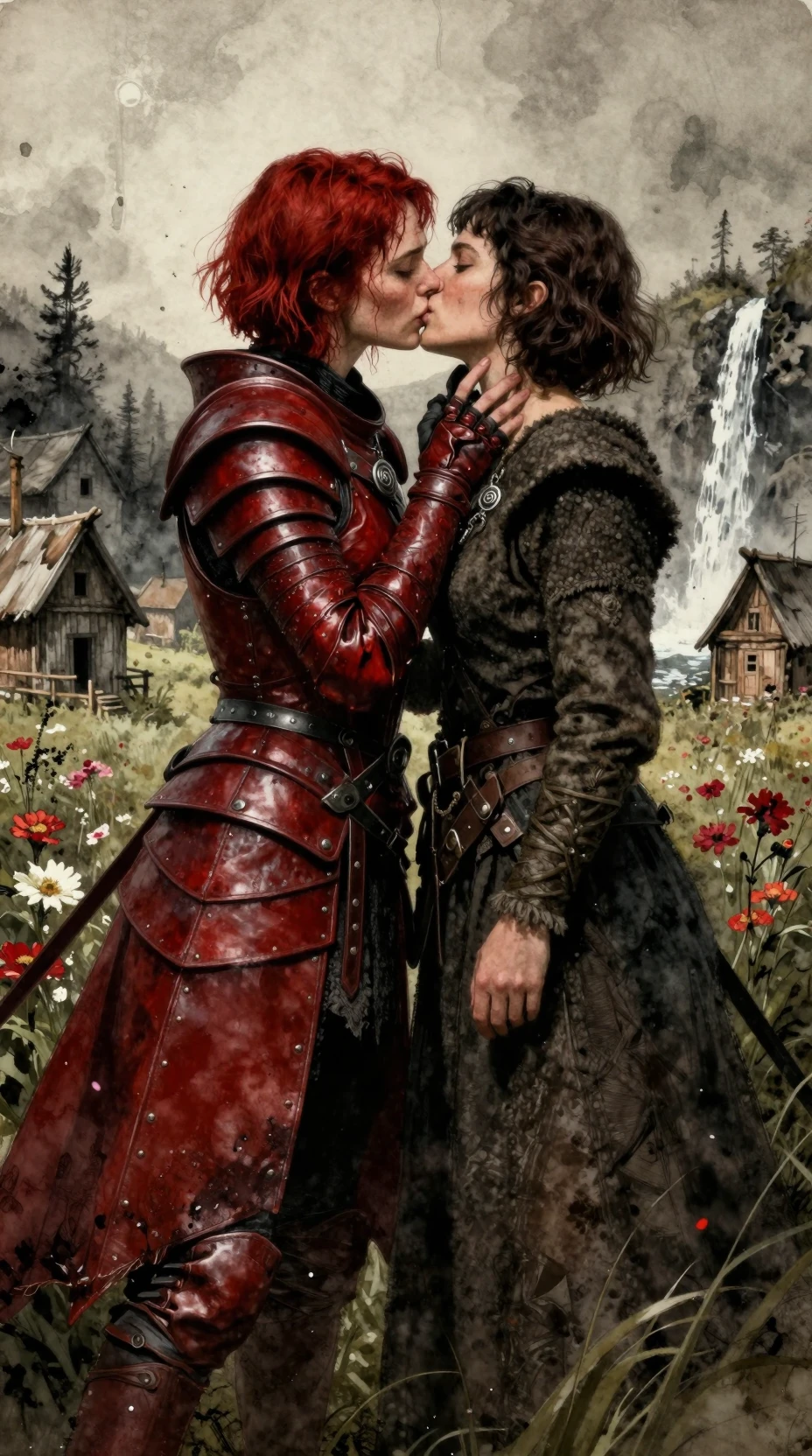 Warrior woman kissing villager in a medieval fantasy field