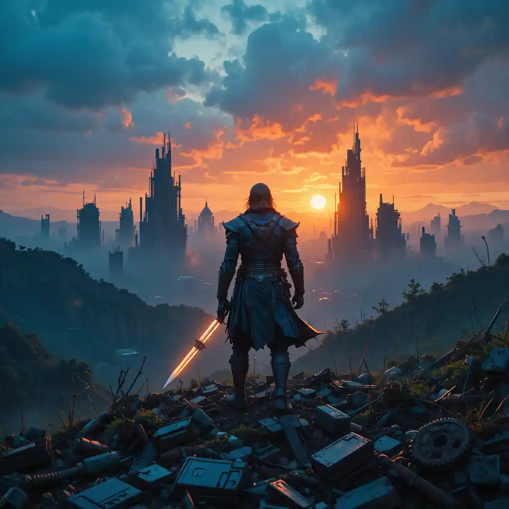 Warrior On Scrap Hill Before A Ruined Futuristic City