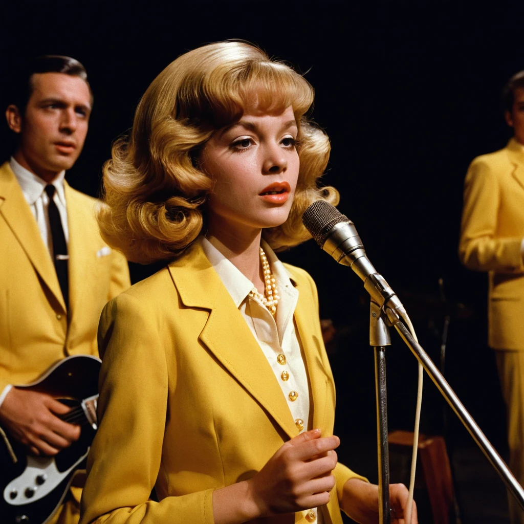 Girl Singing Into Retro Microphone On Restaurant Stage