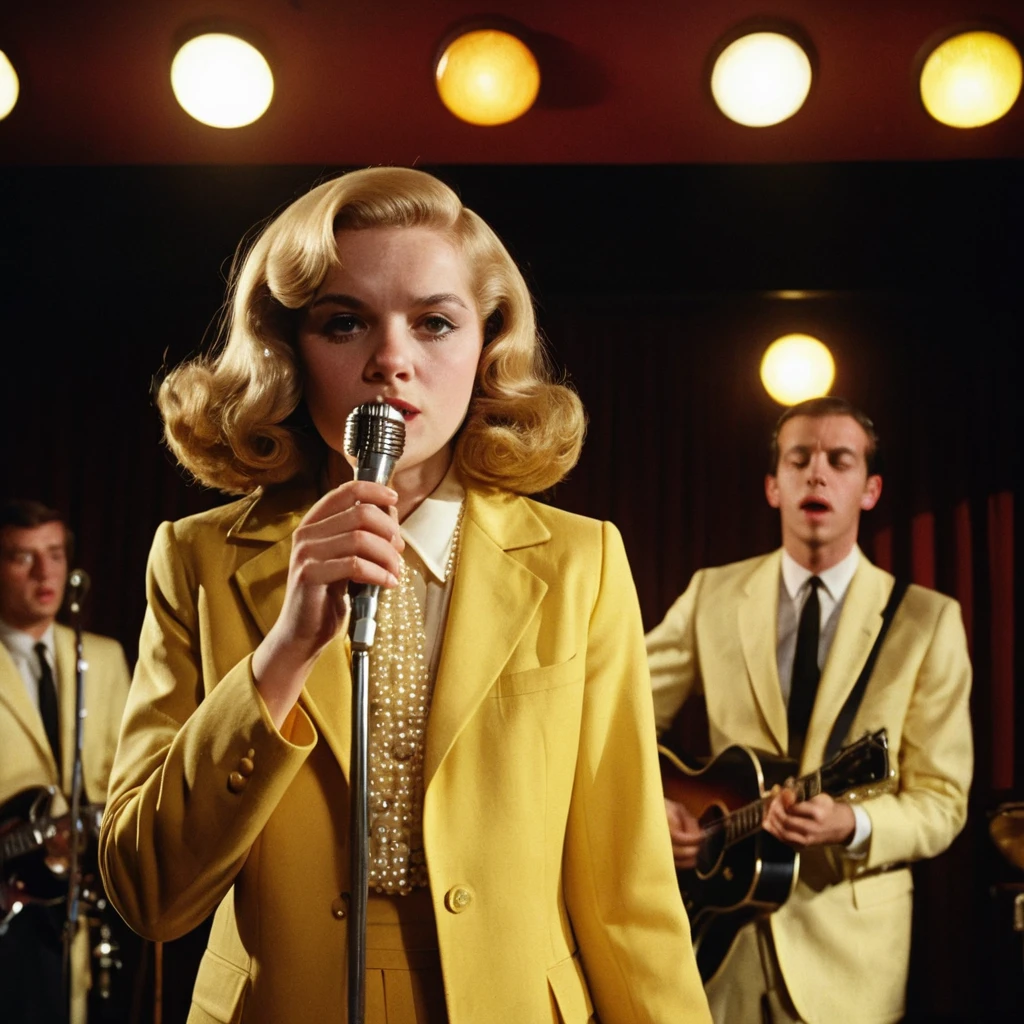 Singer in amber suit on dimly lit restaurant stage