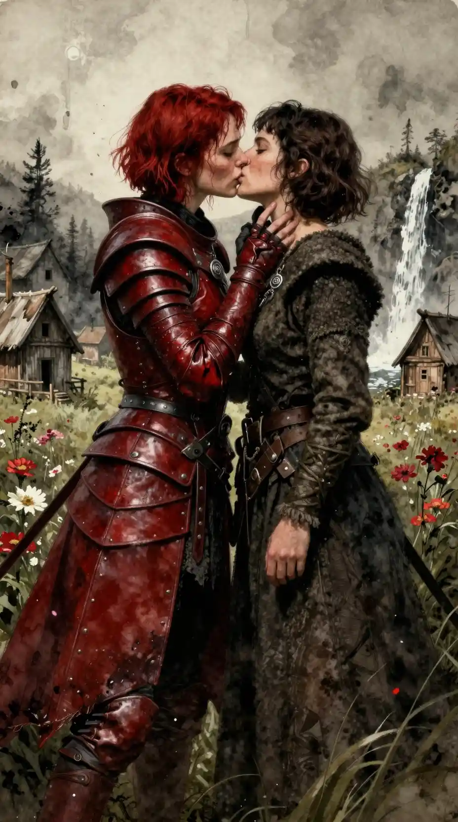 Warrior woman kissing villager in a medieval fantasy field
