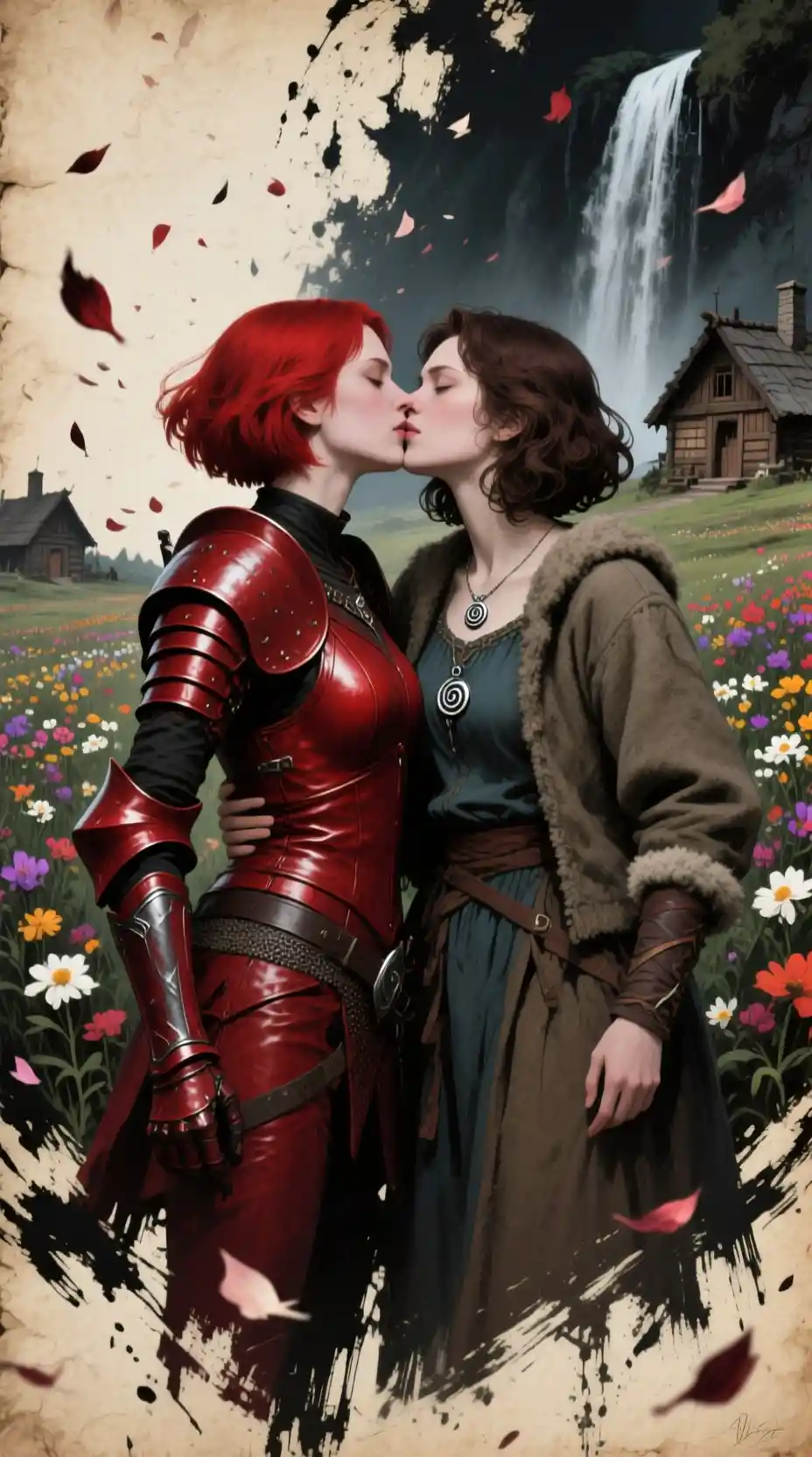 Warrior woman kissing villager in a flower field