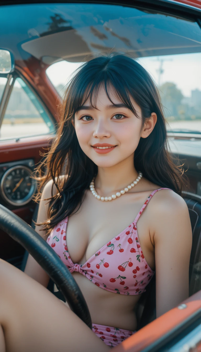 穿比基尼的年輕女子坐在復古紅色跑車裡