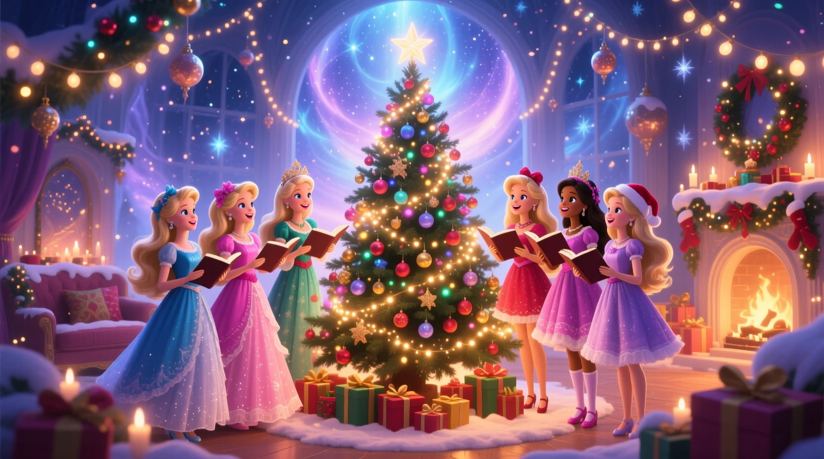 Bonecas festivas reunidas ao redor de uma árvore de Natal brilhante