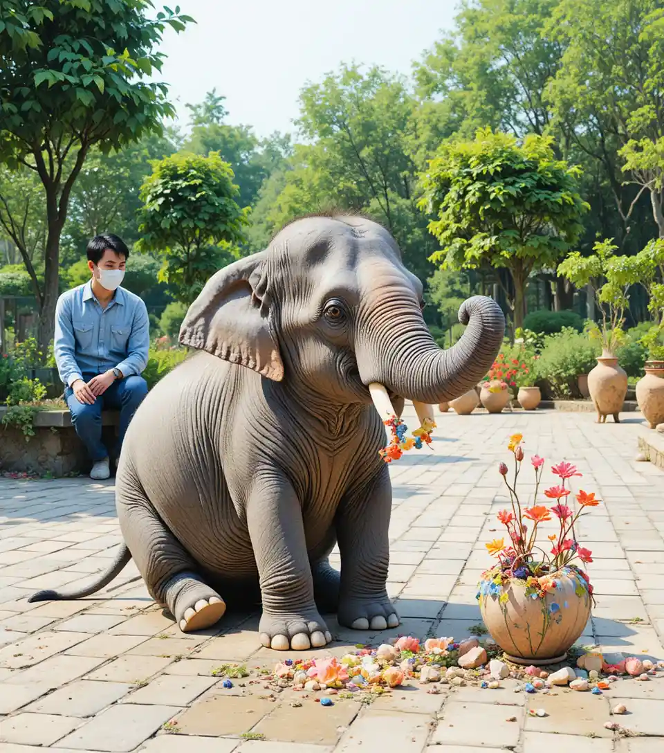 Giovane elefante che gioca con un cerchio colorato all’aperto
