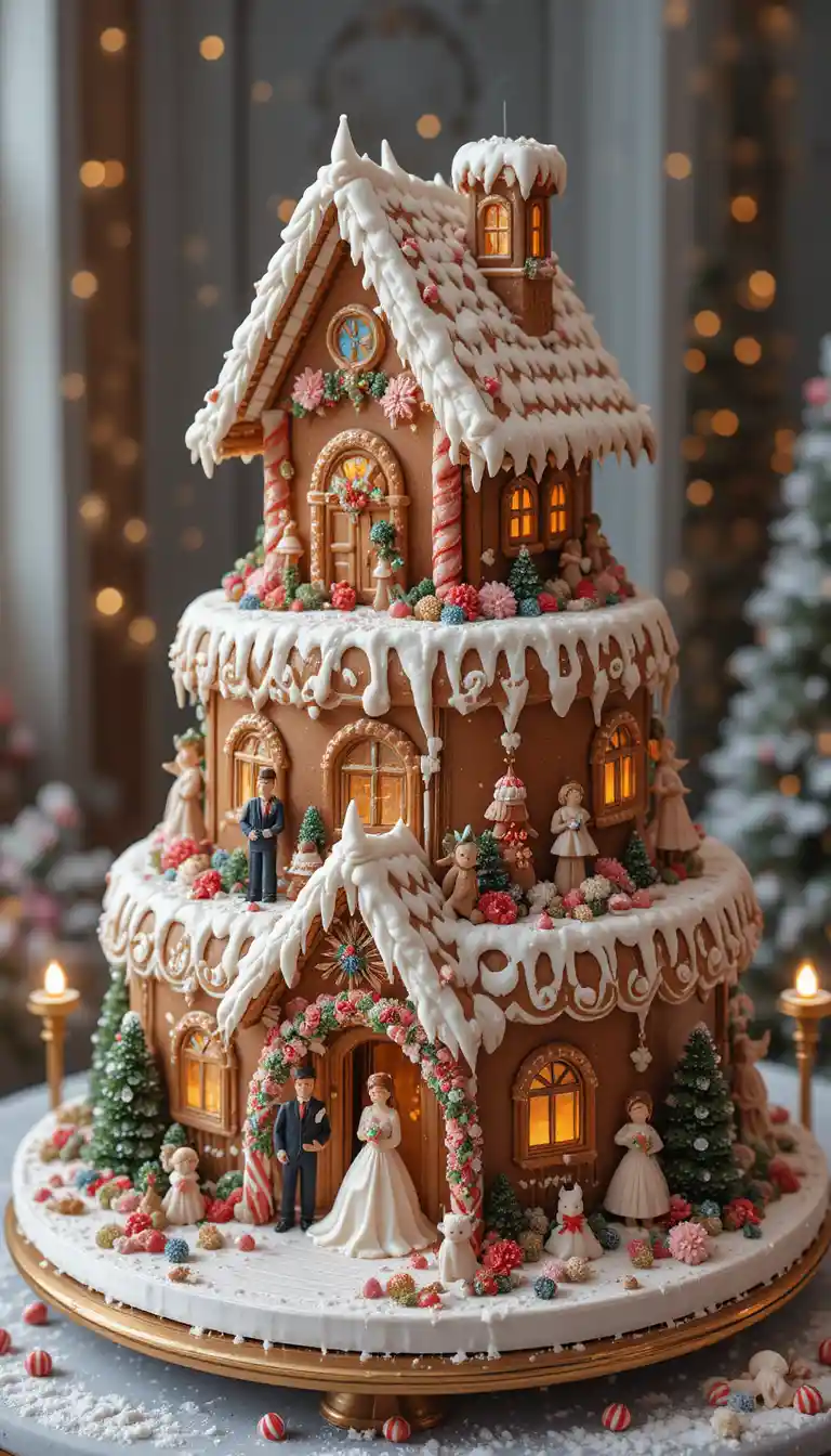 Whimsical Gingerbread House Wedding Cake In Winter Village