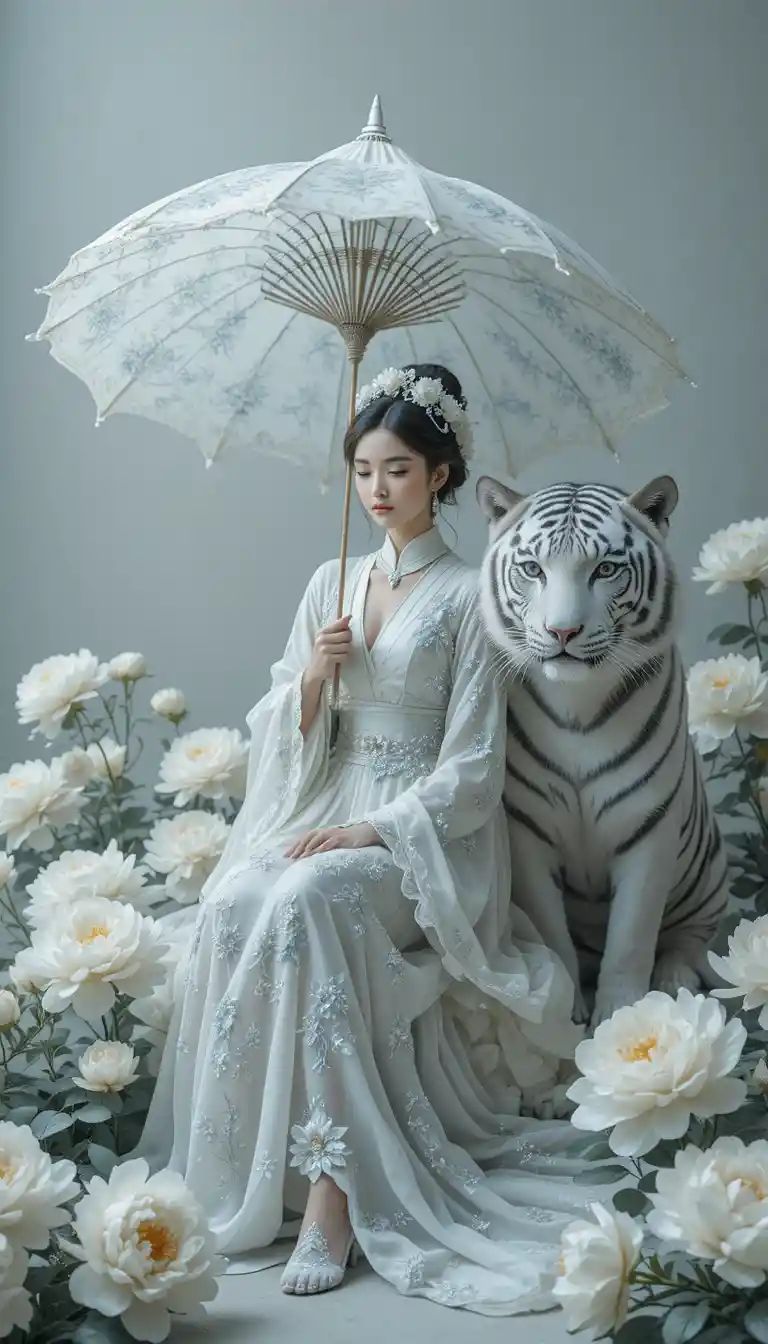 Stille Gestalt mit weißem Tiger zwischen blühenden weißen Blumen