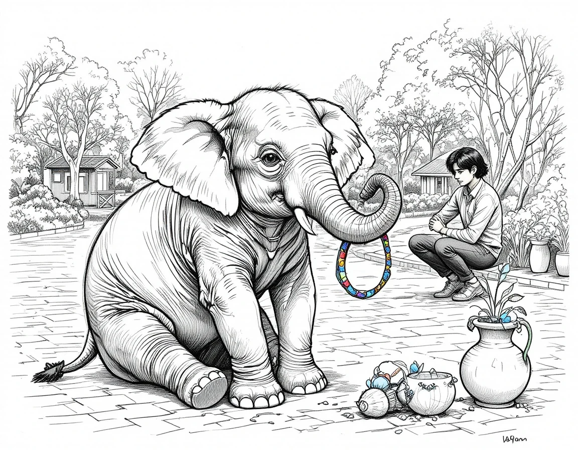 Jovem elefante brincando com arco colorido em parque ensolarado