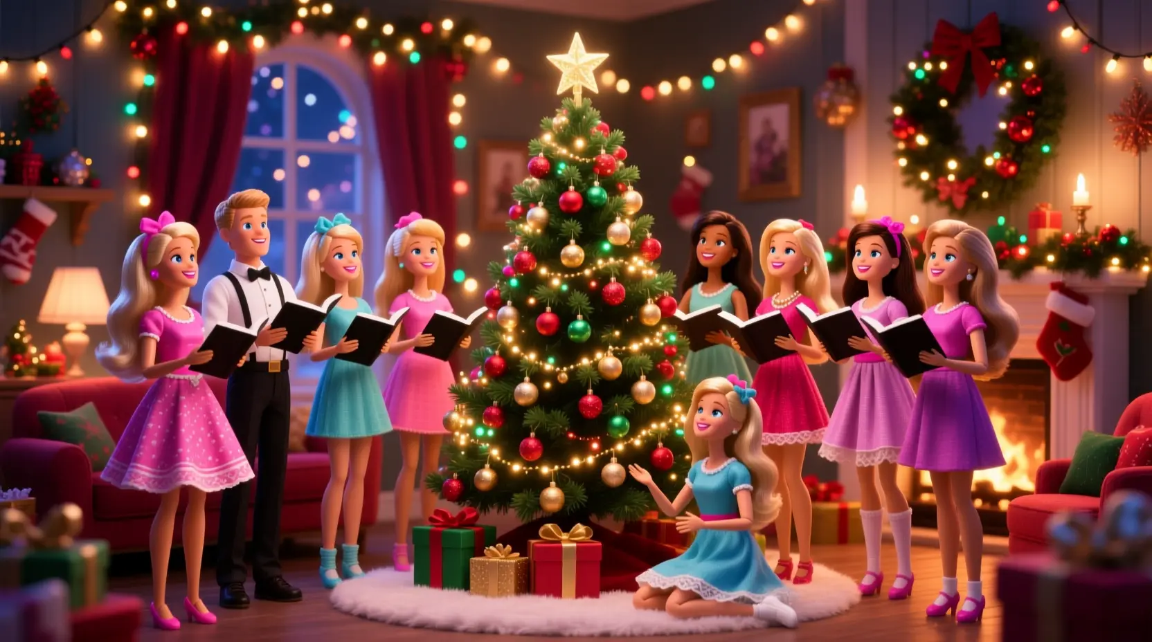 Dolls Gather Around A Festive Christmas Tree
