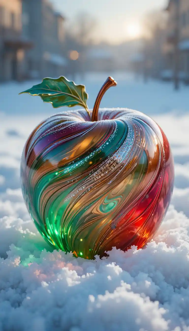 Glass apple with red and green swirls in fresh snow