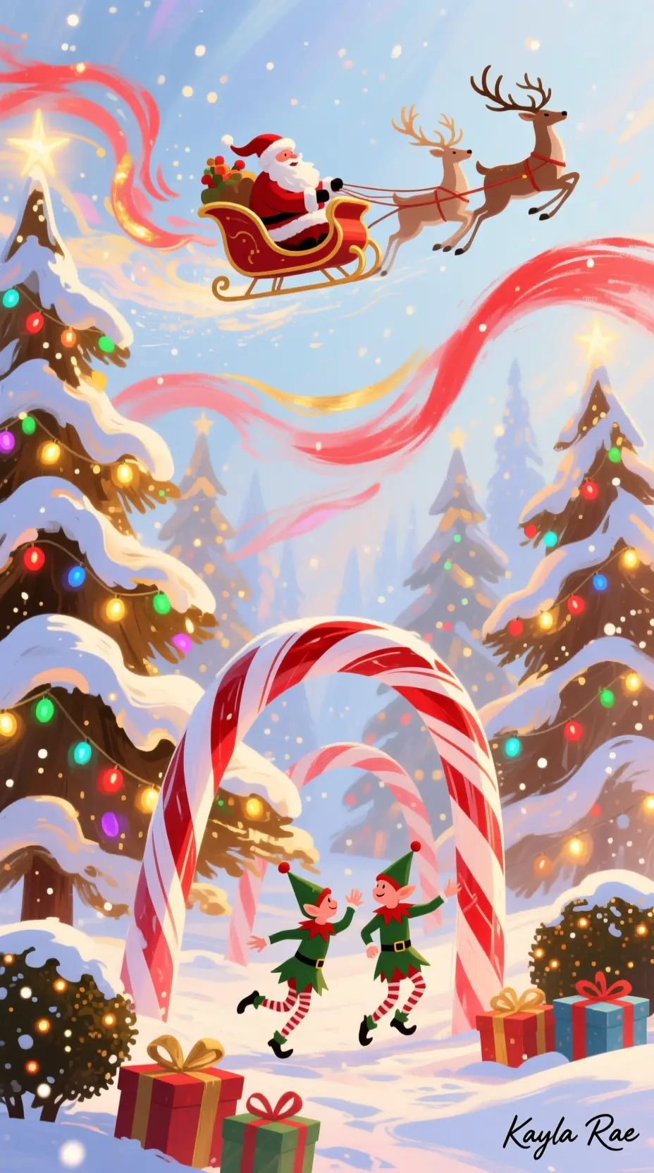 Paysage de Noël abstrait et onirique avec ponts en sucre d’orge fluides