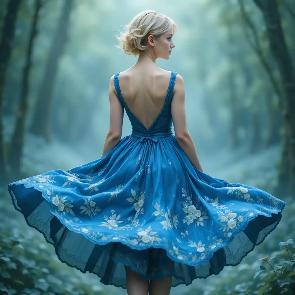 Young woman in blue dress from behind in fantasy scene
