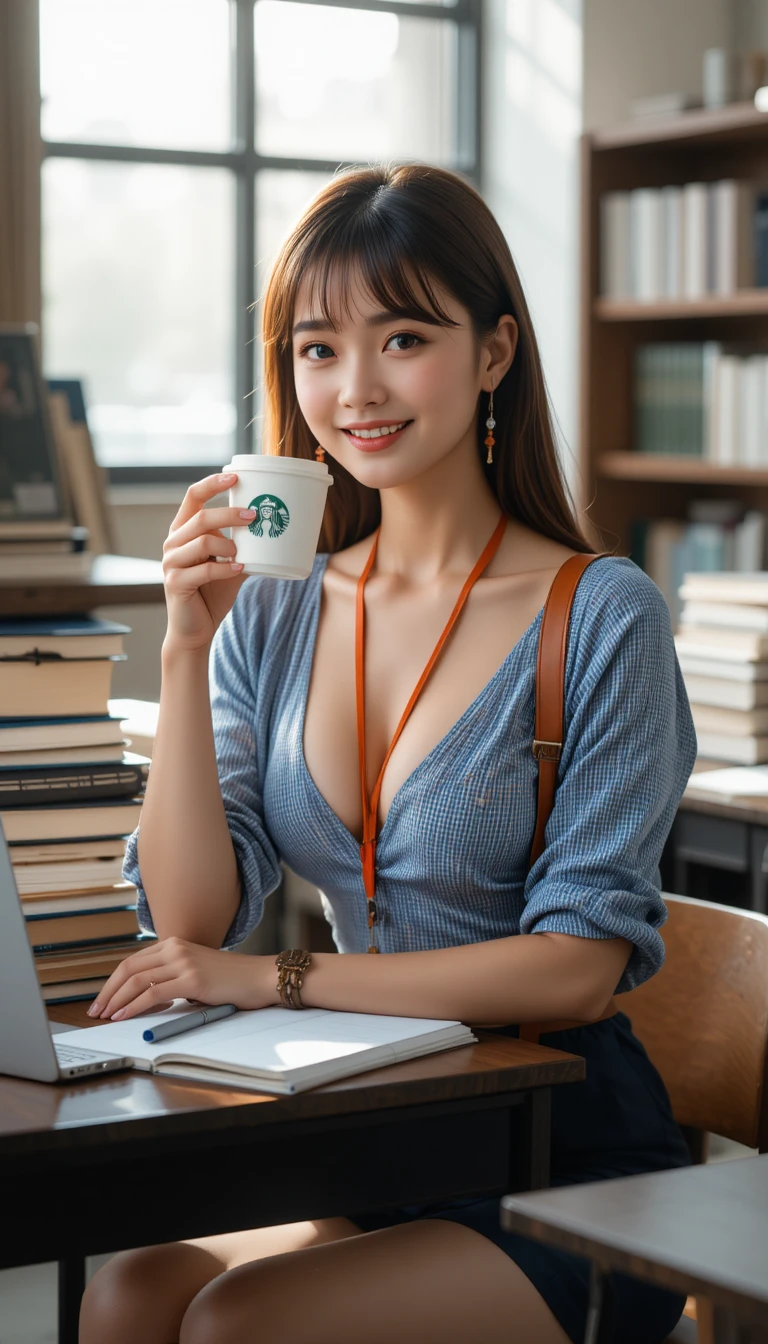 Studentessa sorridente con caffè in un'aula moderna