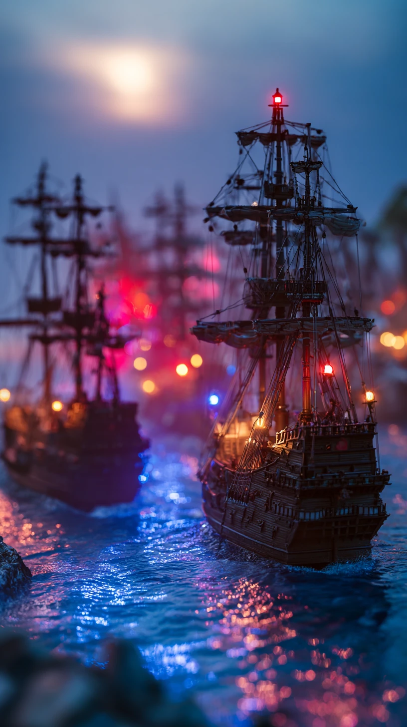 Futuristic Spanish galleon fleet anchored beside jungle shore at dusk