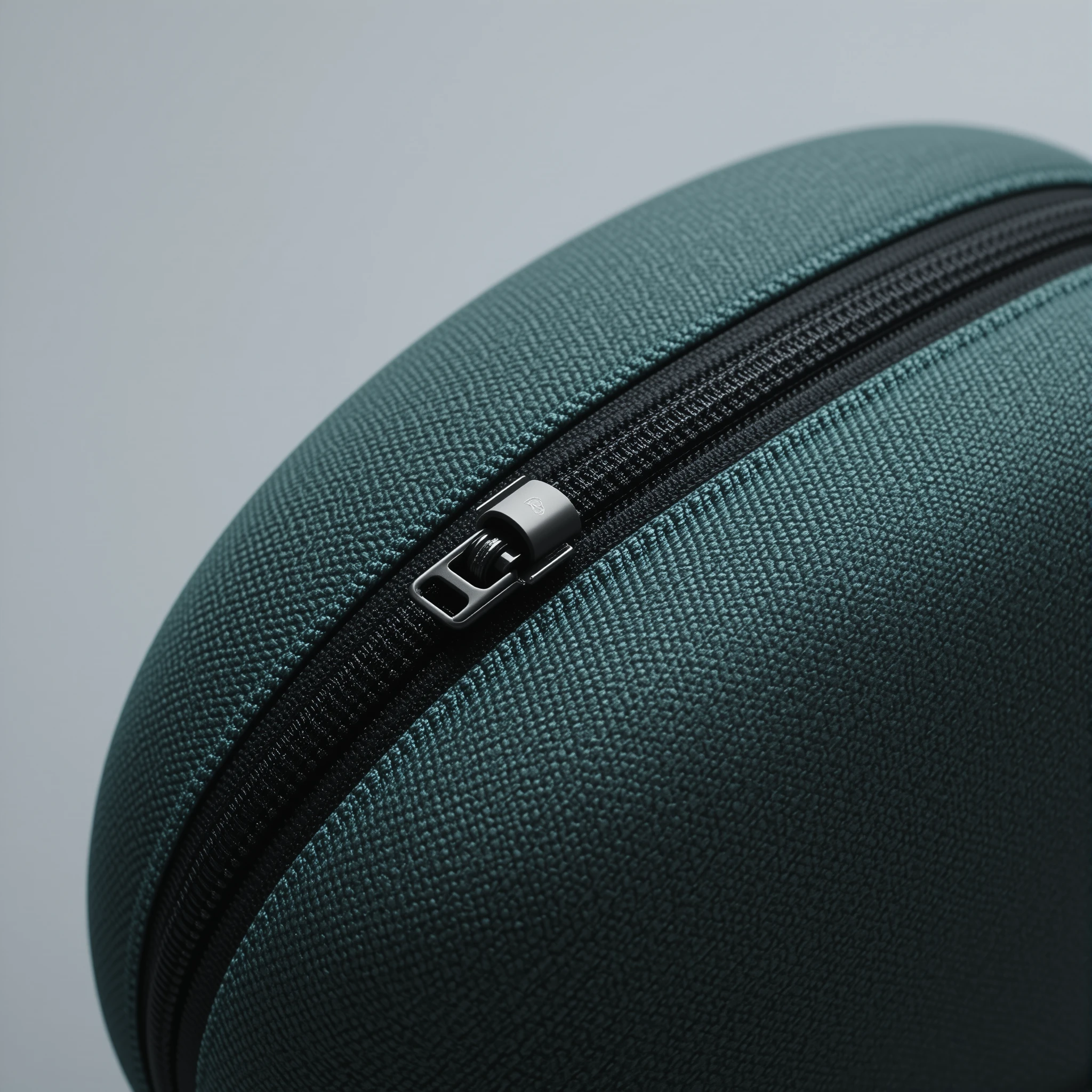 Close up dark green headphone case on gray background