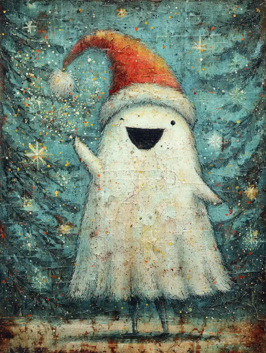 Joyful ghost in santa hat tossing magical glitter