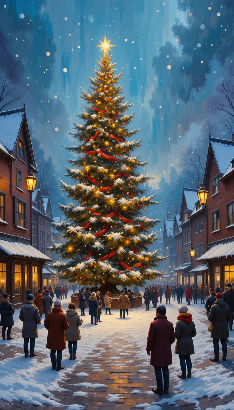 Place enneigée avec sapin de Noël lumineux au crépuscule