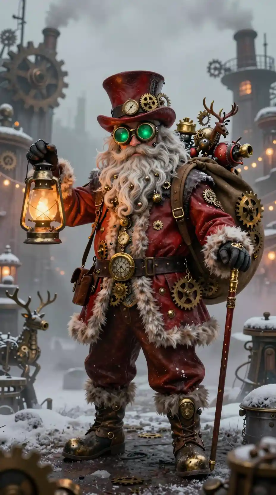 Babbo Natale Steampunk con Lanterna Meccanica in Città Invernale