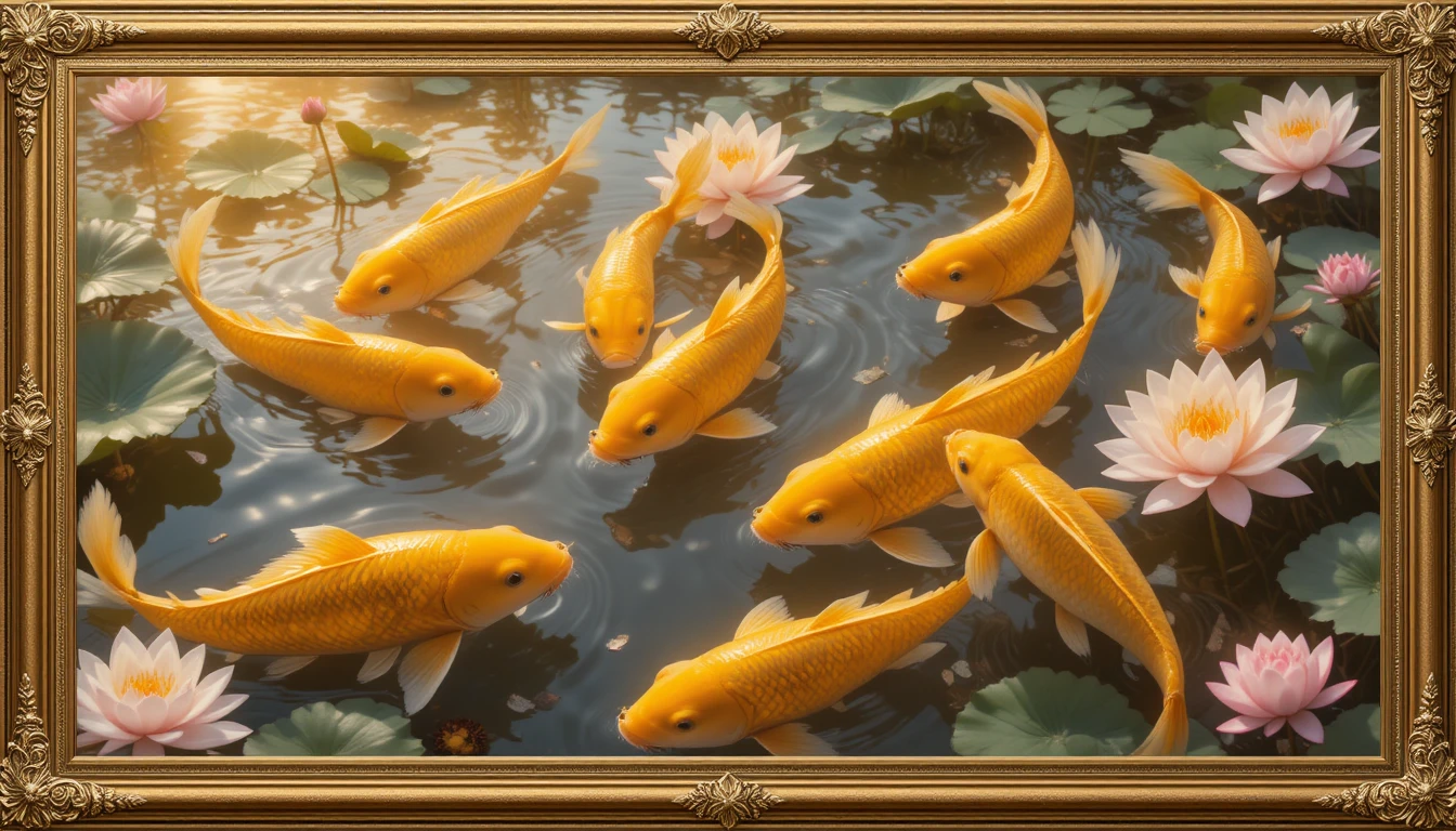Carpe koi dorate in uno stagno di loto tranquillo illuminate dal sole