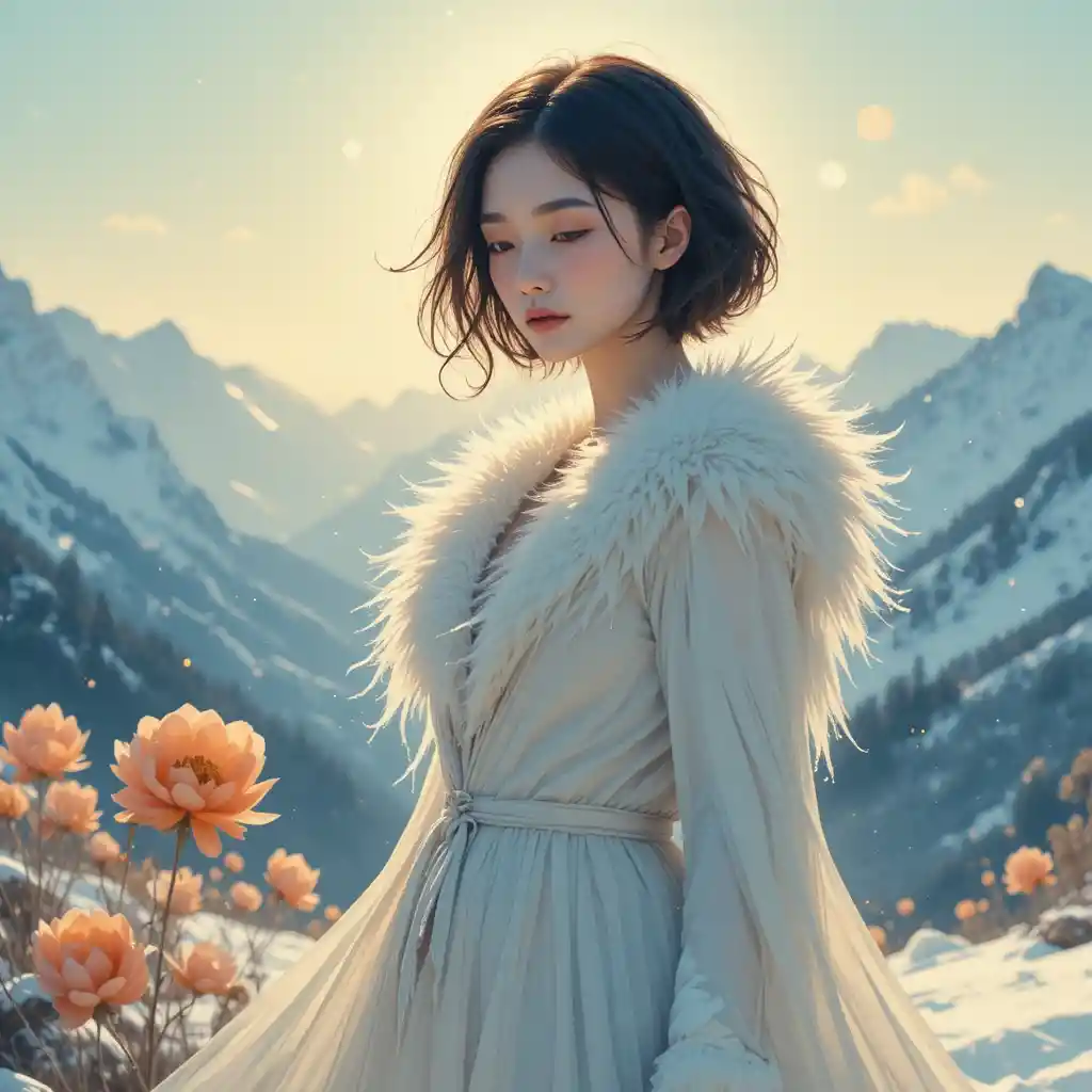 Ätherische Frau in winterlicher Alpenlandschaft mit Pfingstrosen