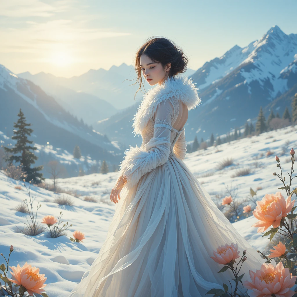 雪山中背光輕盈發光的飄渺女子