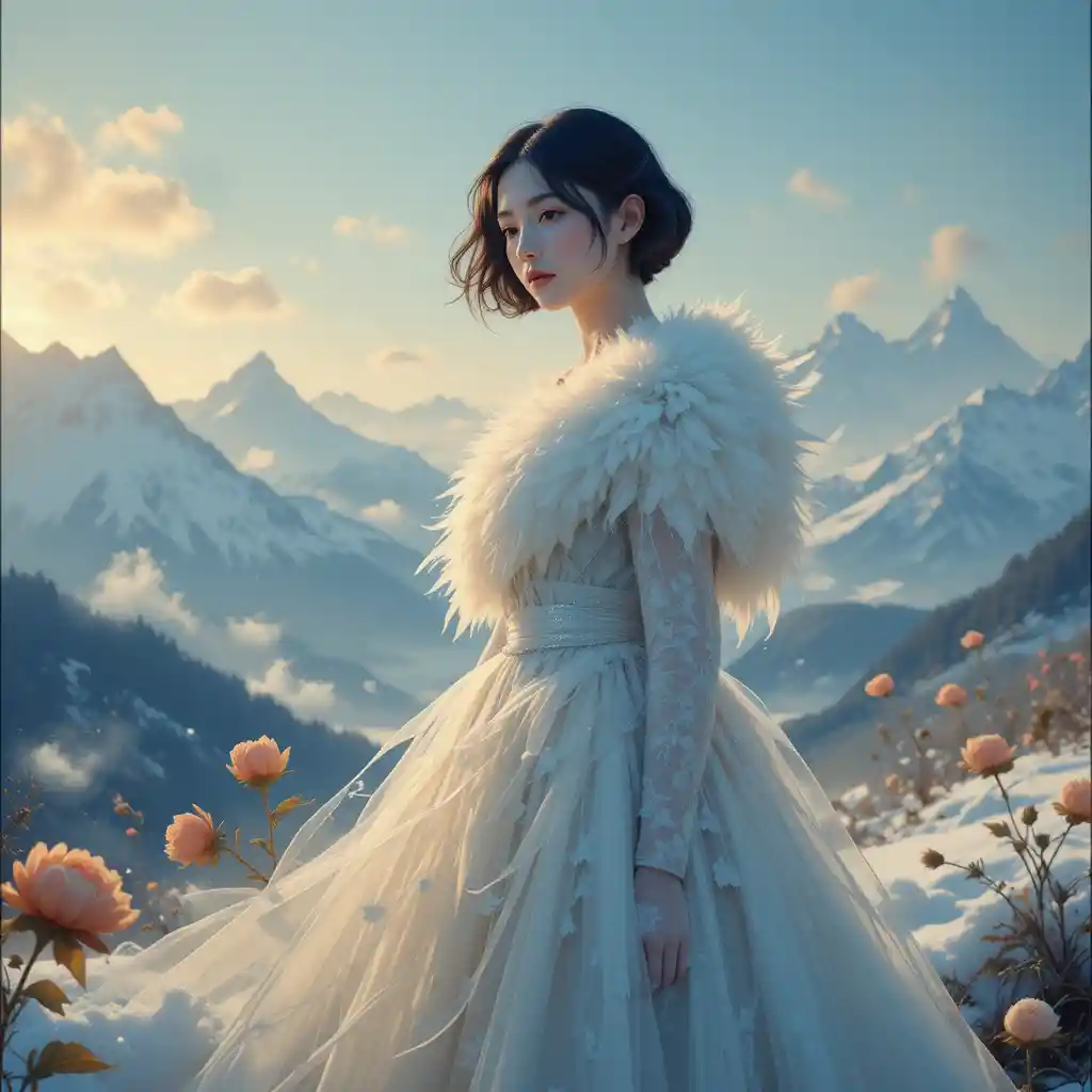 Femme éthérée dans un paysage alpin enneigé avec des pivoines