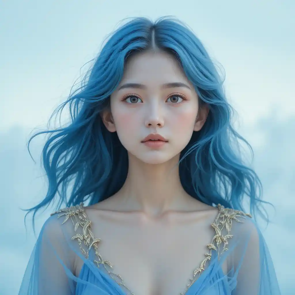 Ethereal blue haired girl in a tranquil pastel sky