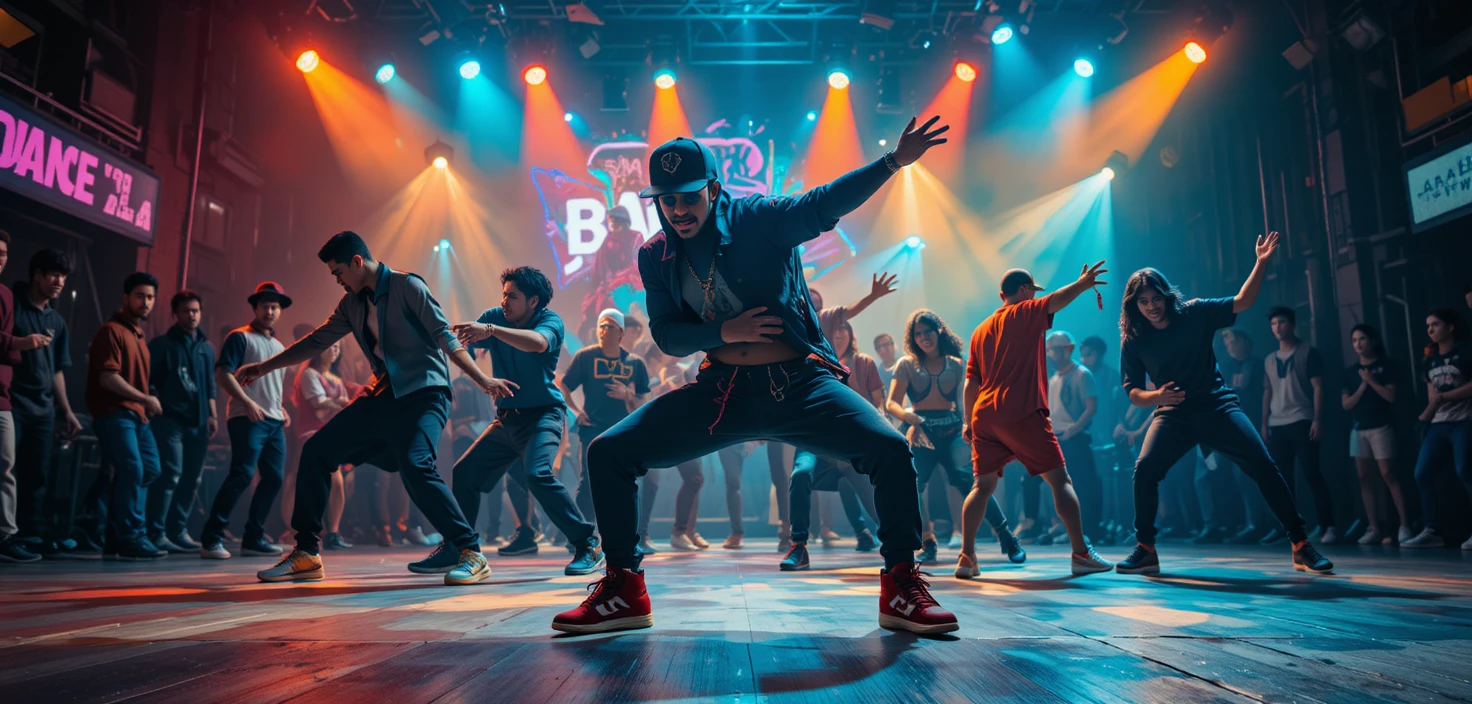 Hip hop dancer performing breakdance moves in studio