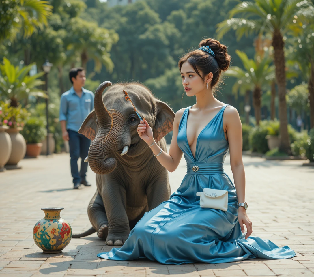 Jovem elefante brincalhão com aro colorido em parque ensolarado