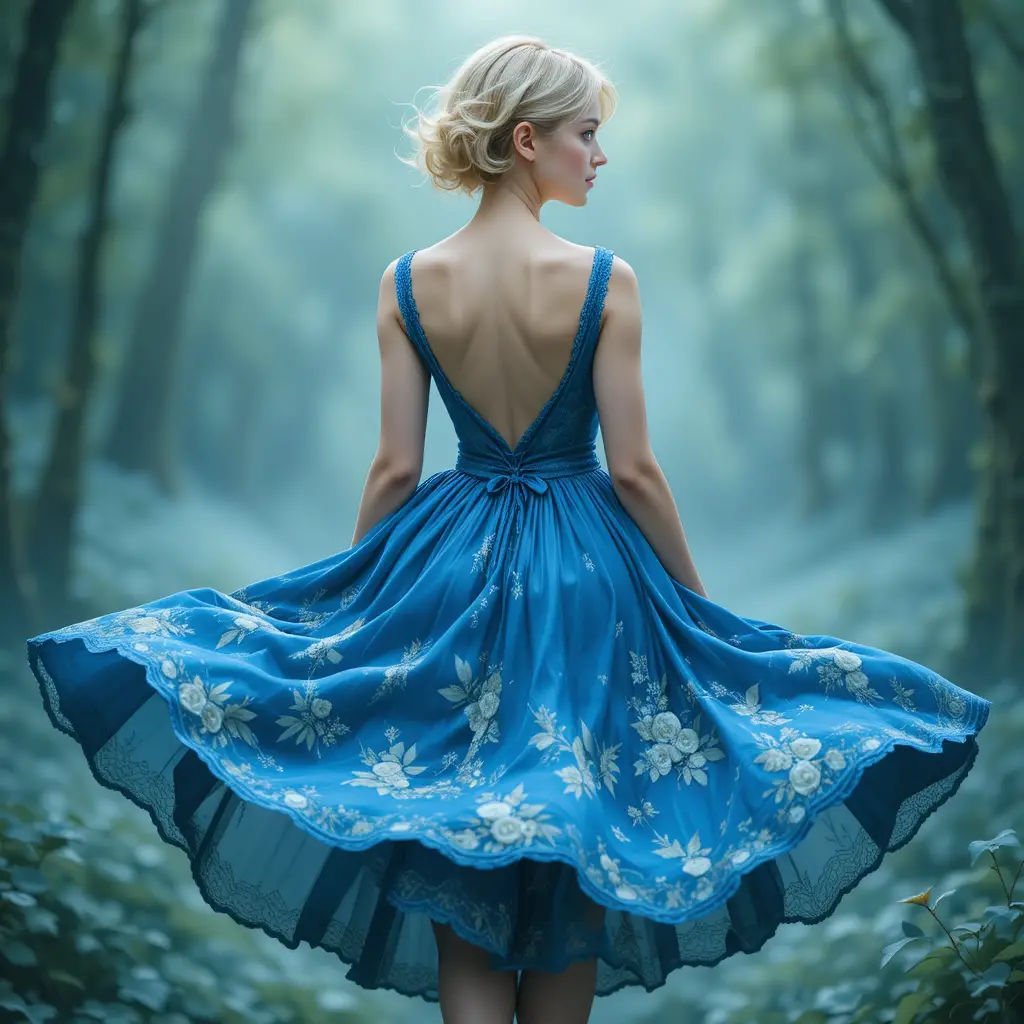 Young woman in blue dress from behind in fantasy scene