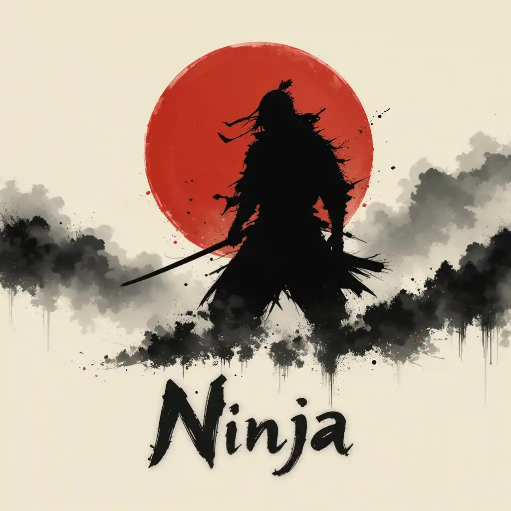 Minimalist ninja silhouette before a crimson sun landscape