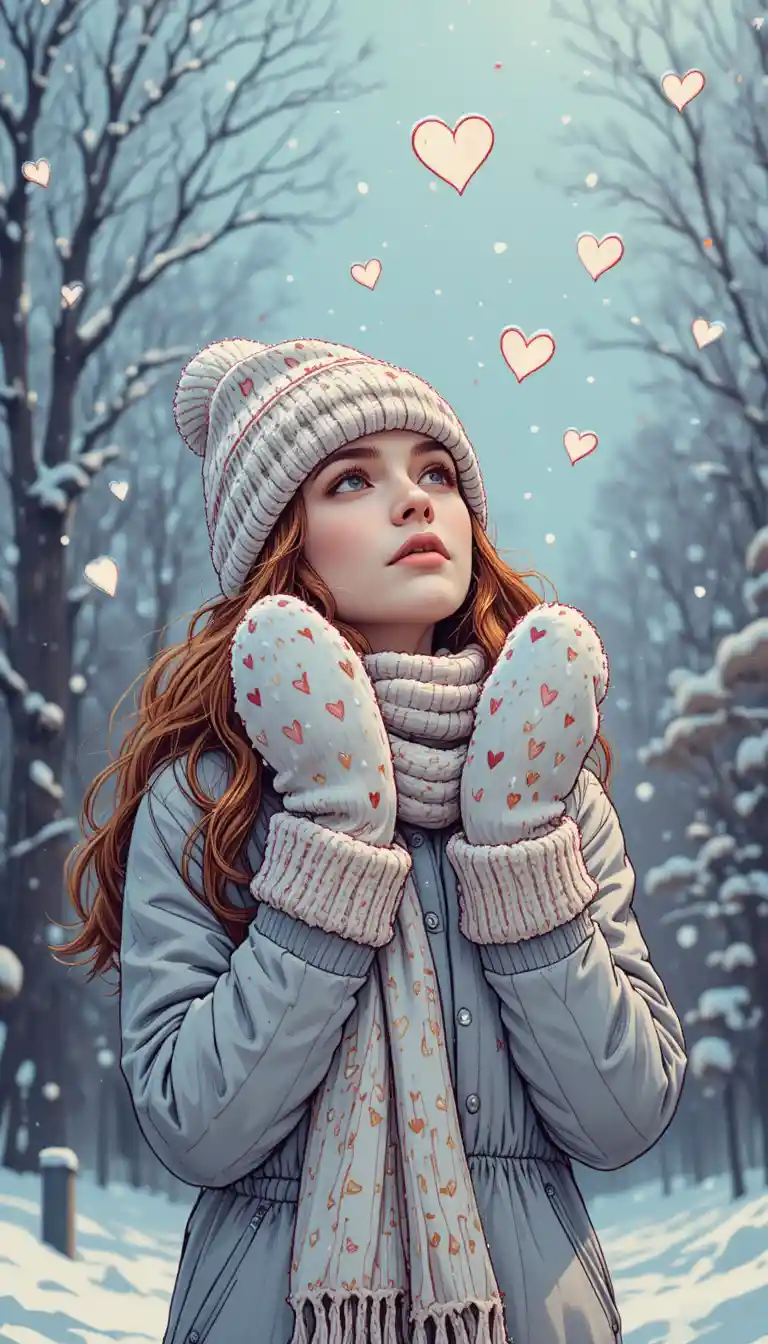 Ragazza in abiti invernali che raccoglie fiocchi di neve a forma di cuore
