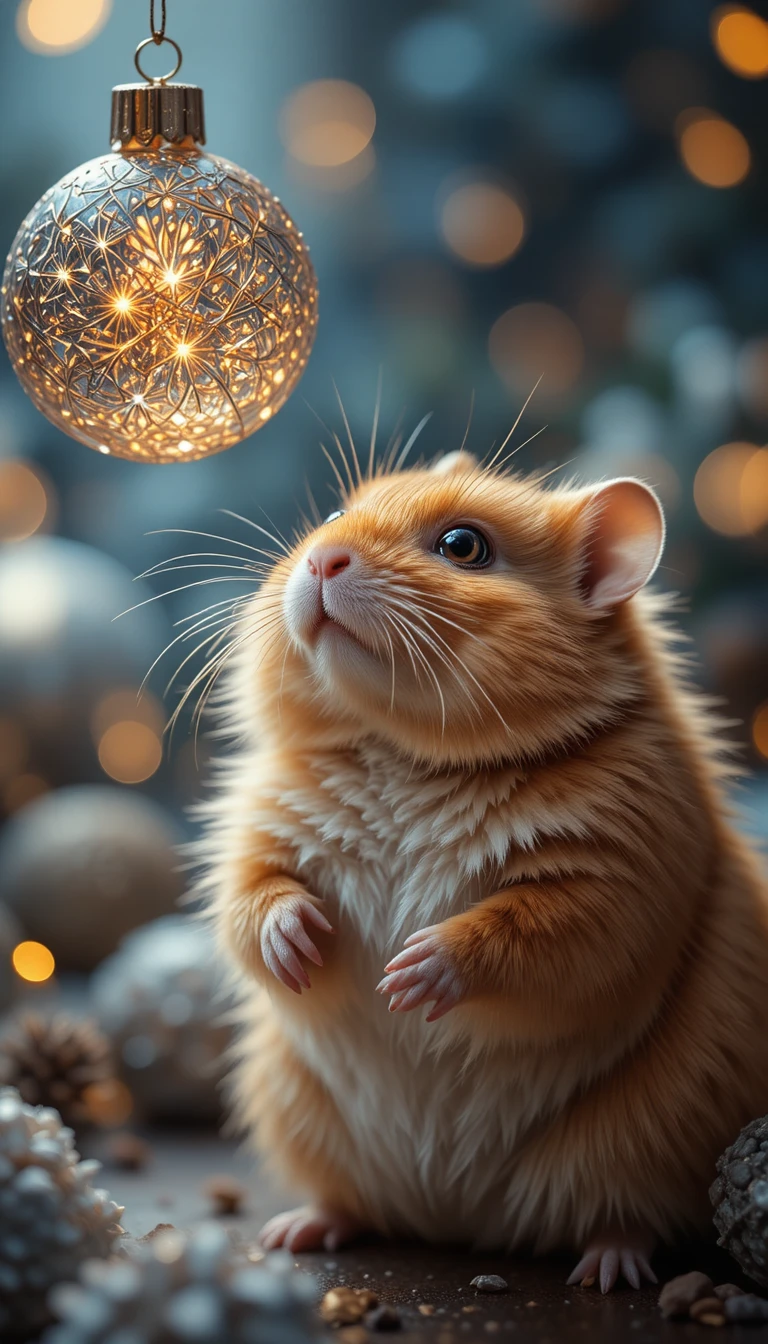 Dolce criceto dorato che osserva una scintillante decorazione di Natale