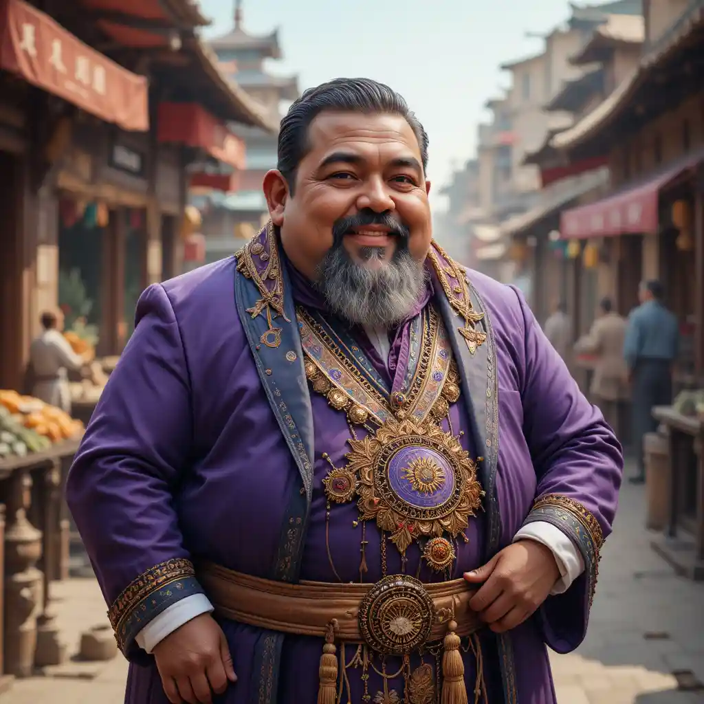 Portly merchant guild leader in rich purple clothing