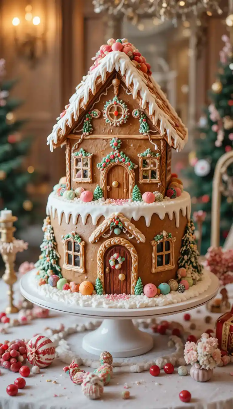 Whimsical gingerbread wedding cake with festive candy table