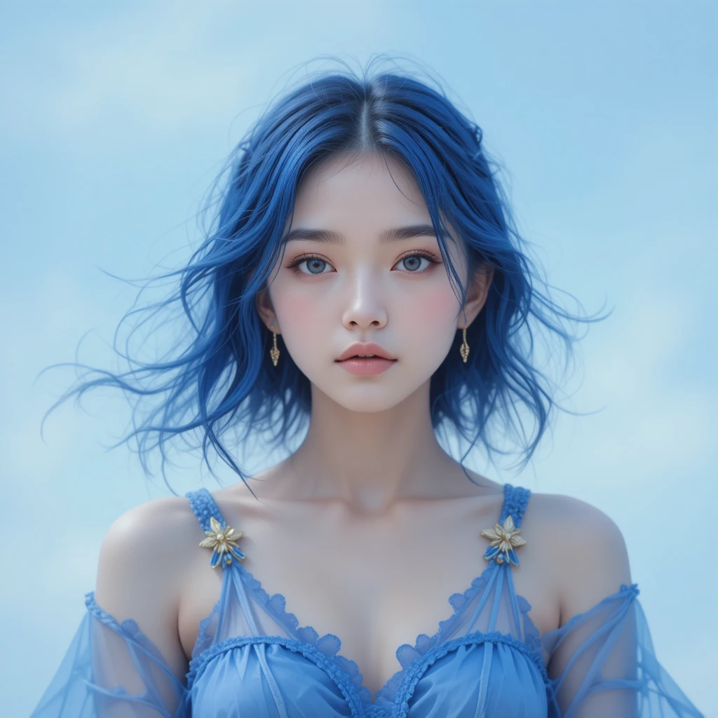 Serene blue haired woman in a dreamy sky portrait