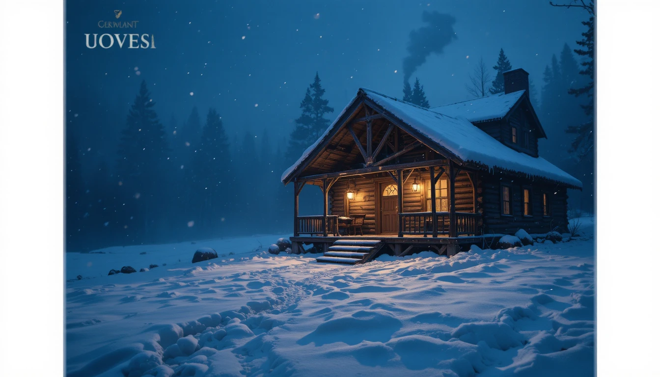 Rustic cabin glowing with lantern light in winter night