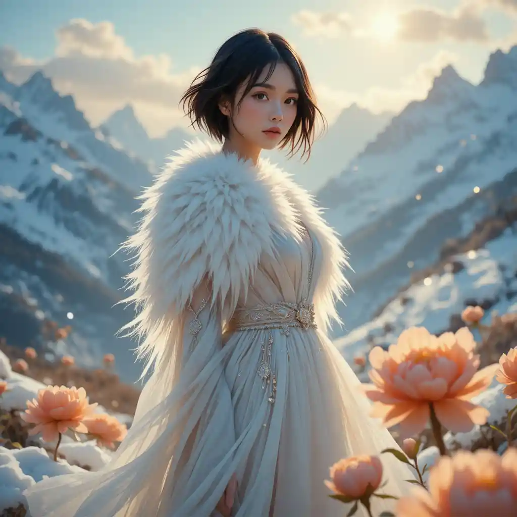 Donna eterea in paesaggio alpino innevato con peonie