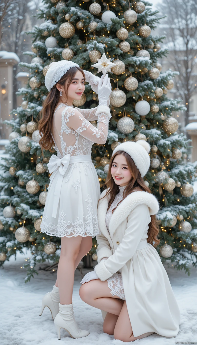 Due donne che decorano un albero di Natale innevato all'aperto