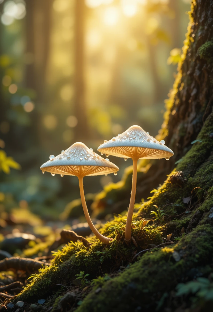 Delicados cogumelos brancos brilhando em uma árvore de floresta banhada pelo sol