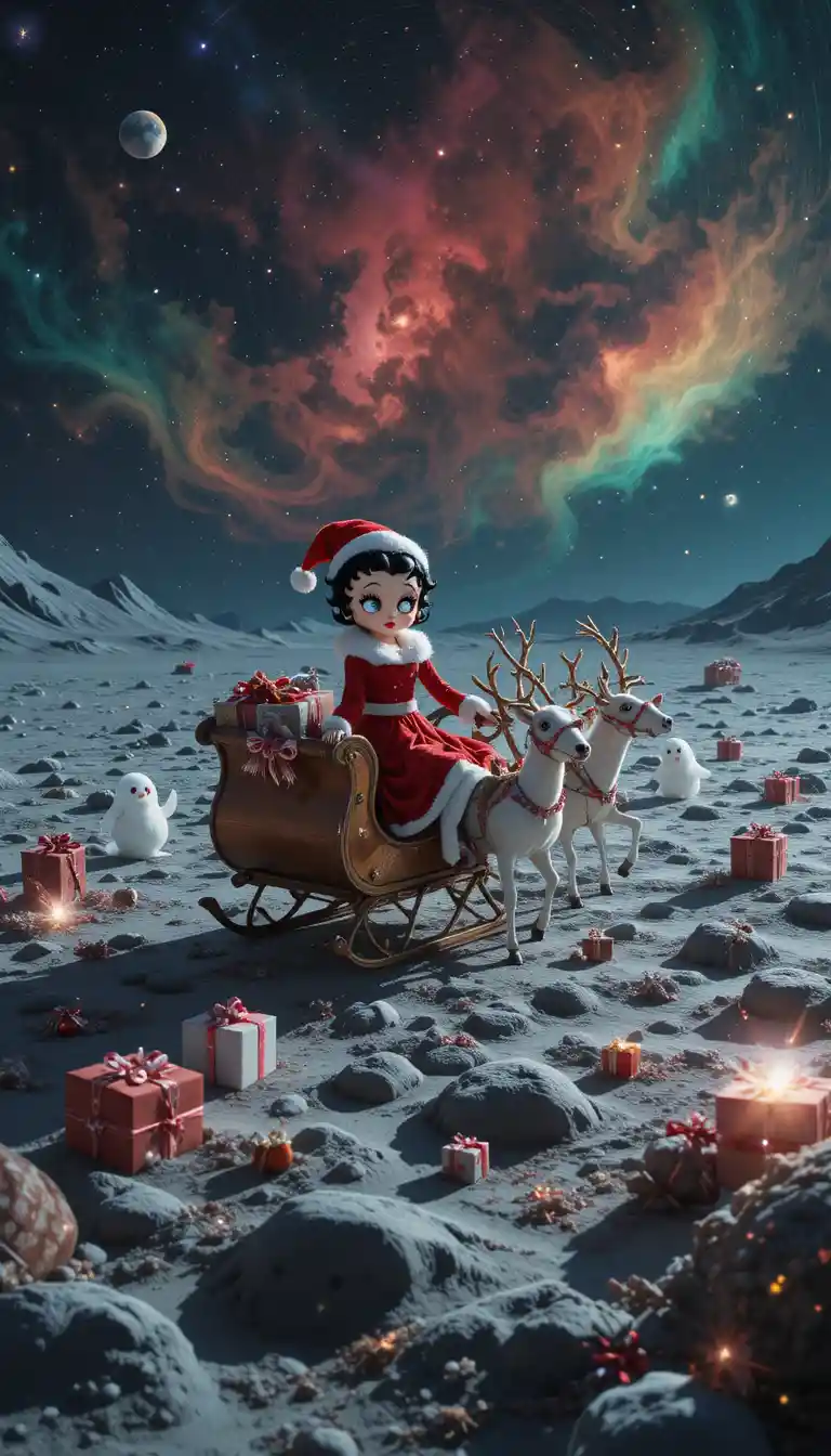 Santa girl riding sleigh across surreal moon landscape