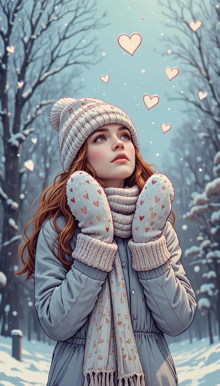 Ragazza in abiti invernali che raccoglie fiocchi di neve a forma di cuore