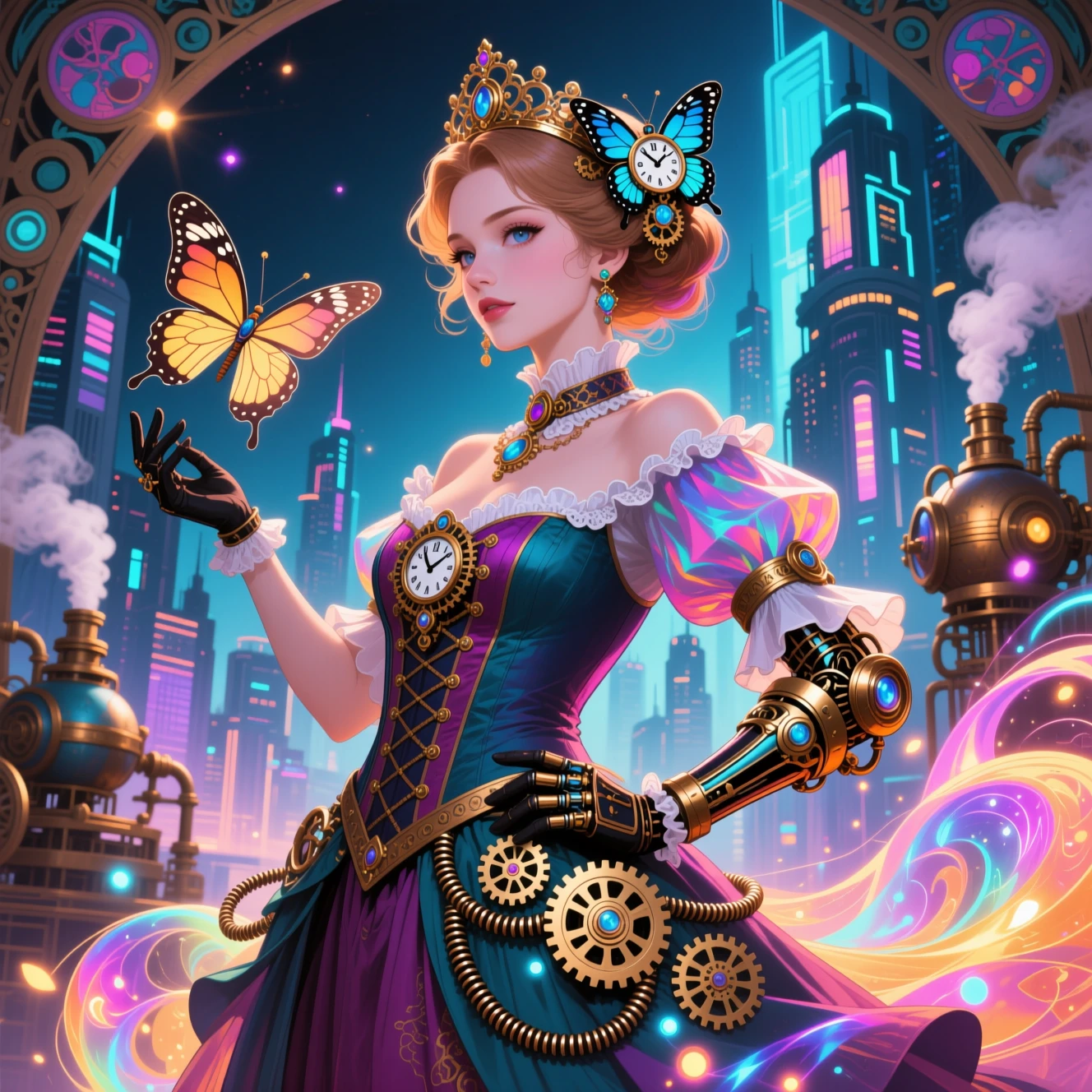 Steampunk princess portrait in a glowing fantasy cityscape