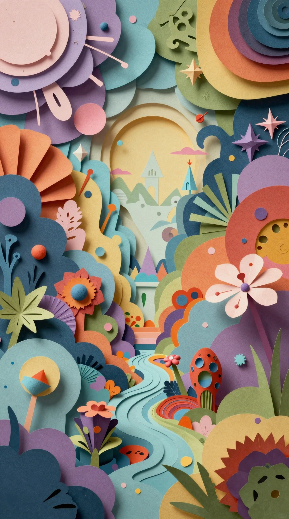 Verspielte schwebende Papercraft-Collage in leuchtenden Farben