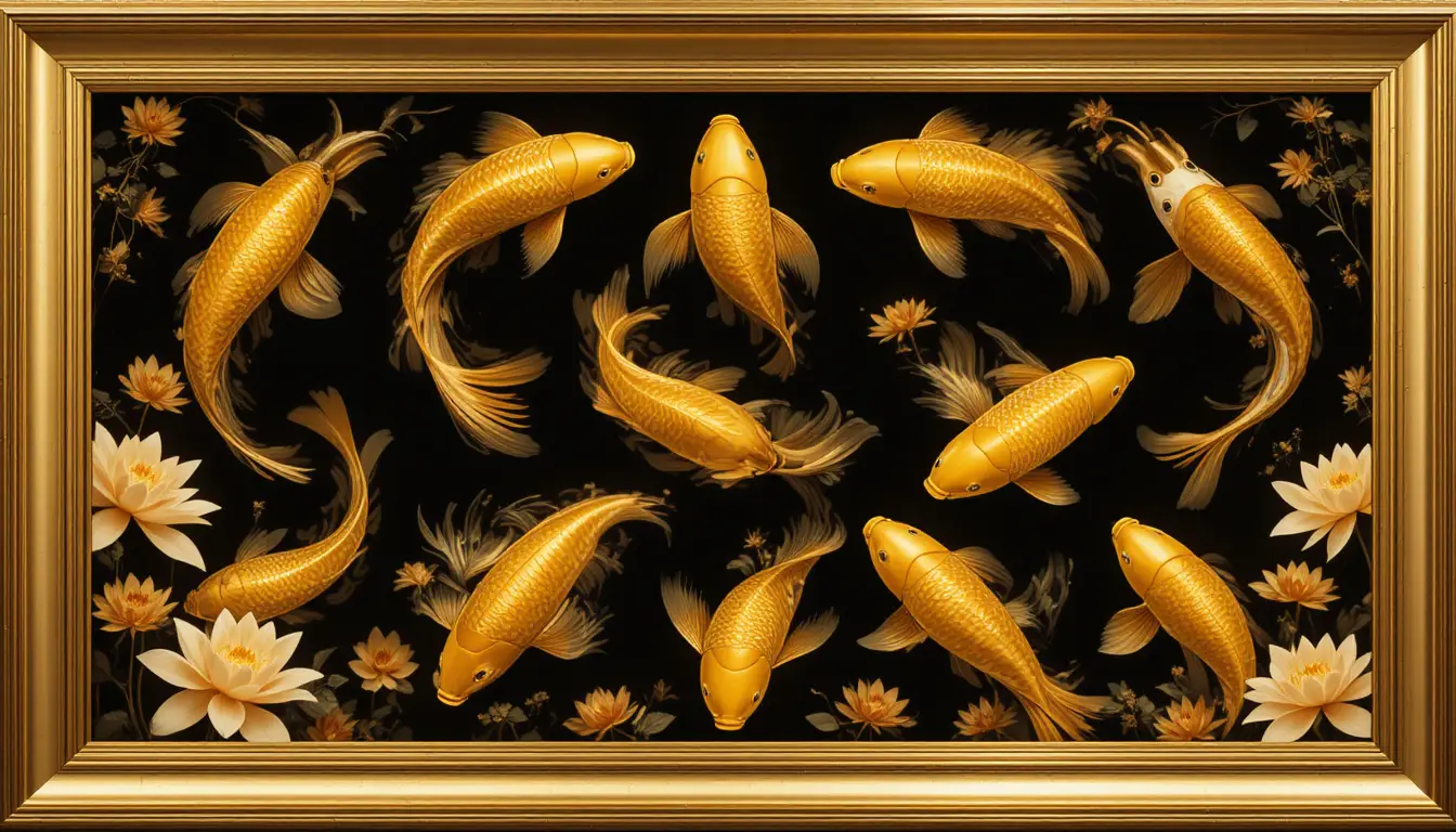 Golden koi fish swimming inside an ornate framed artwork