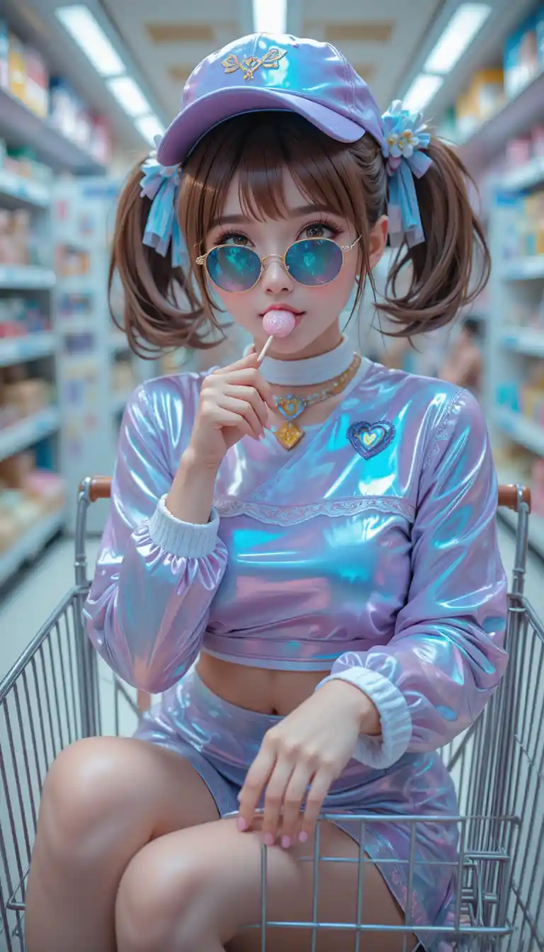 Cute anime girl in streetwear sitting in a shopping cart