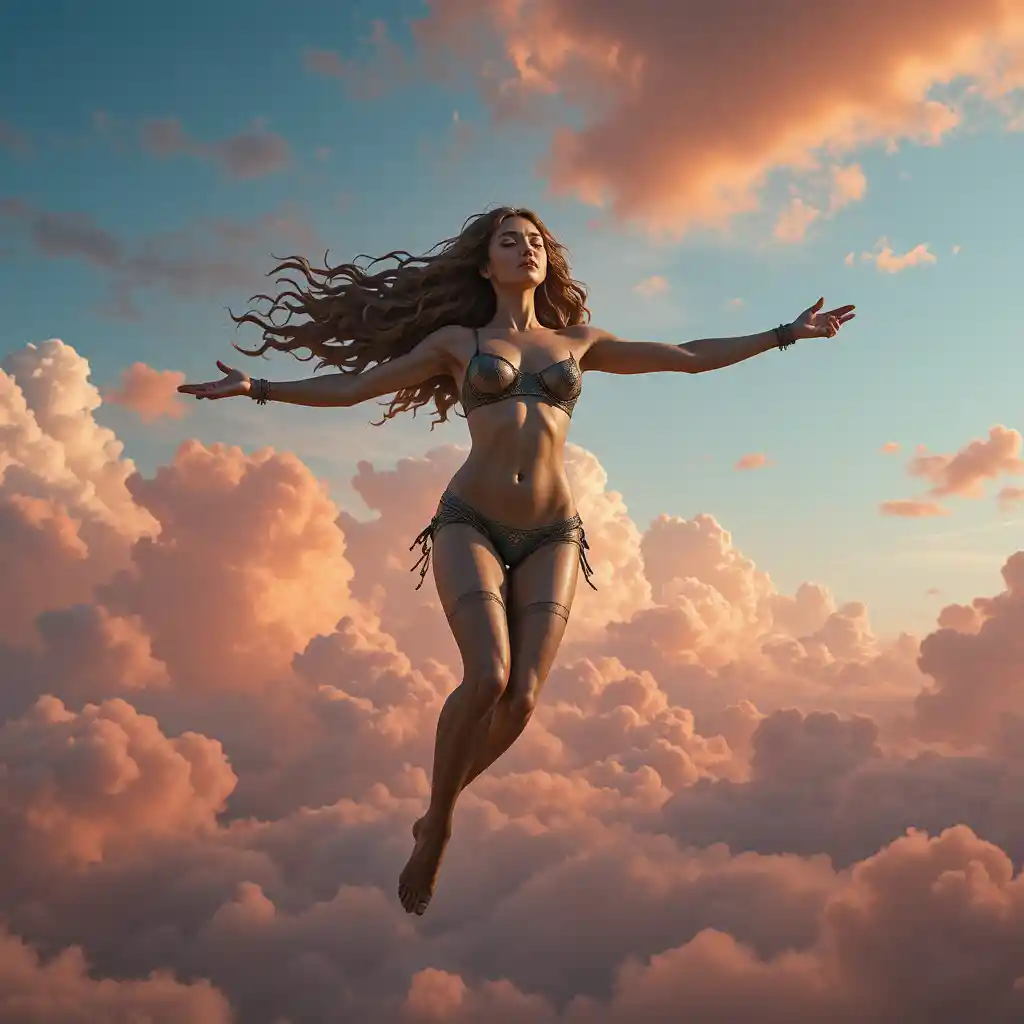 Bronze statue of a long haired girl flying in red sky
