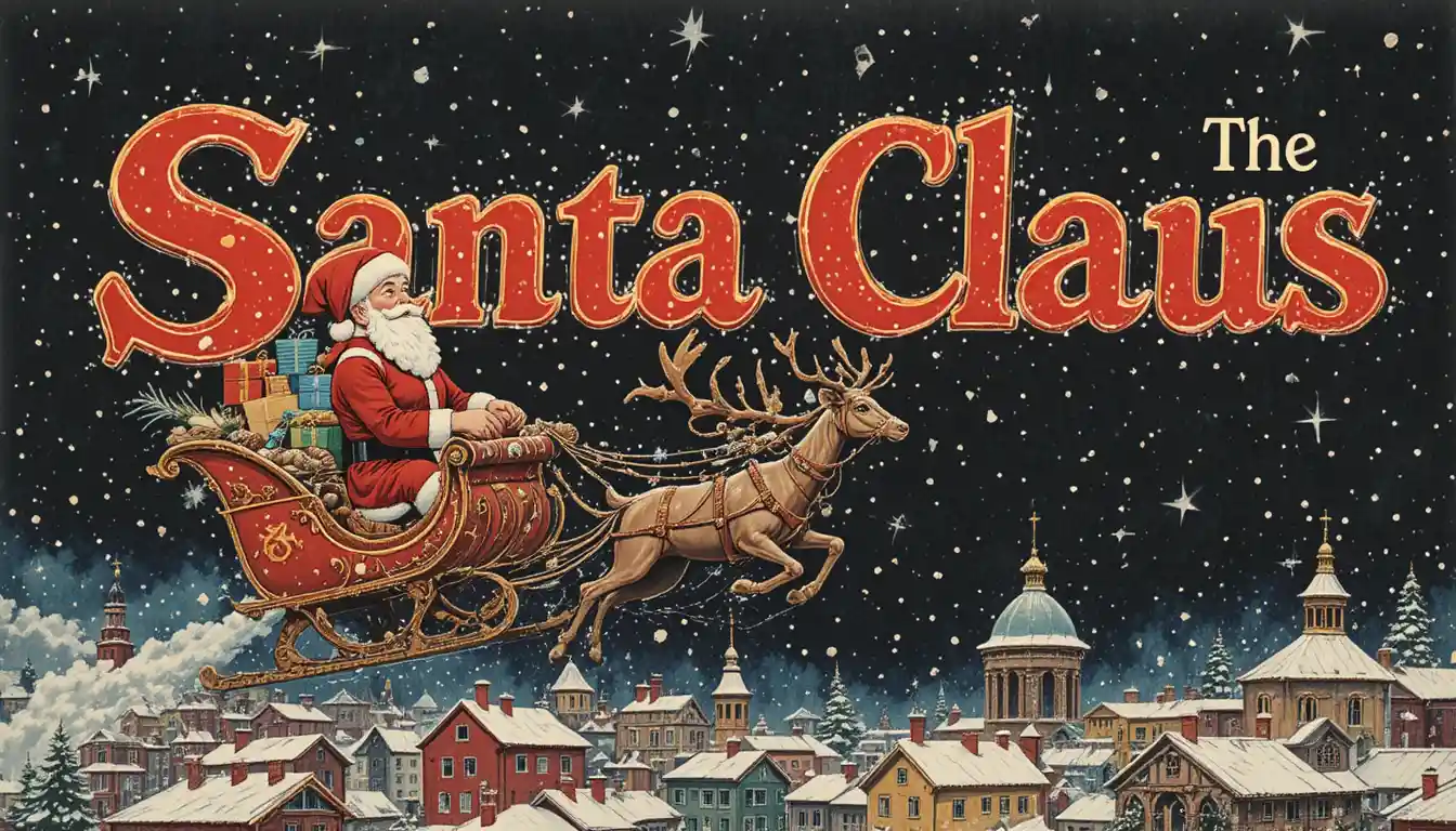 Vintage Santa Claus flying in sleigh over snowy city night