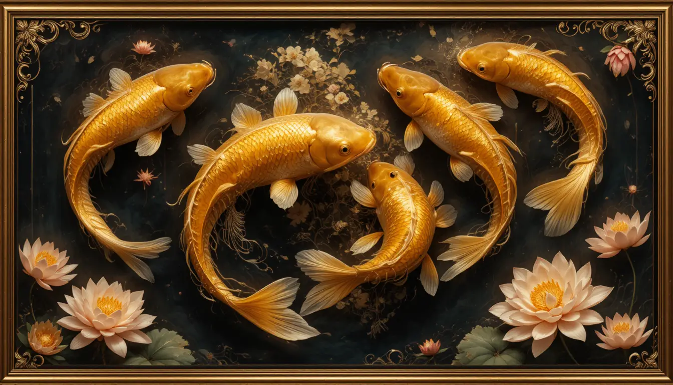 Golden koi fish swimming beside lotus within a frame
